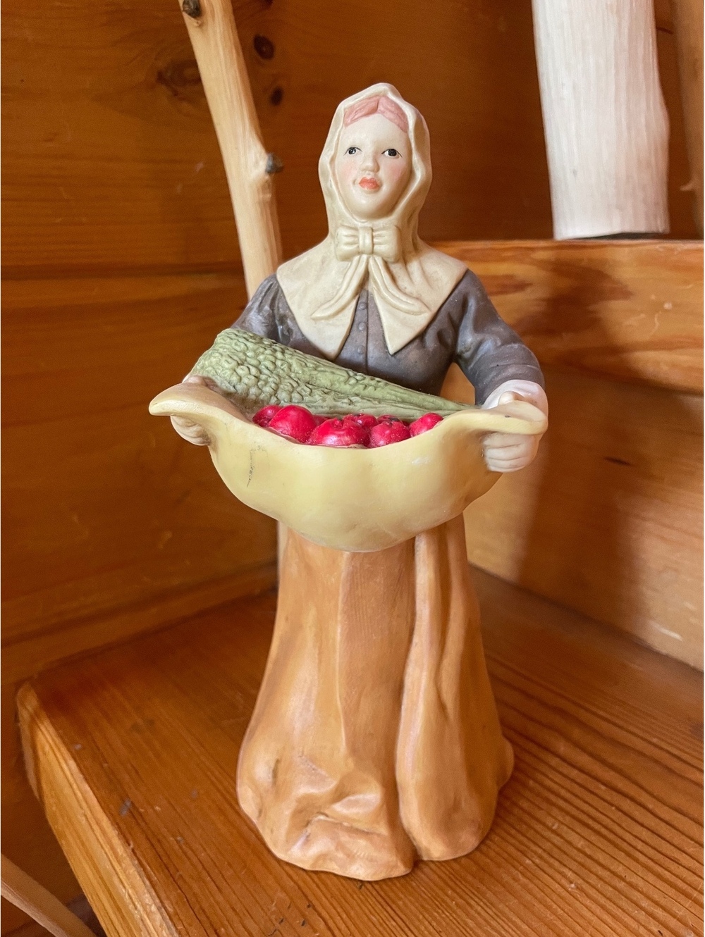 Vintage Woman figurine holding Basket of Apples